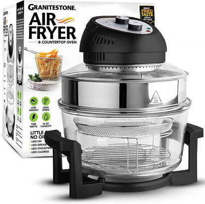 GraniteStone Air Fryer Toaster Oven Combo 16Qt Kitchen Countertop Convection Rotisserie 1300W Large Glass Bowl, White