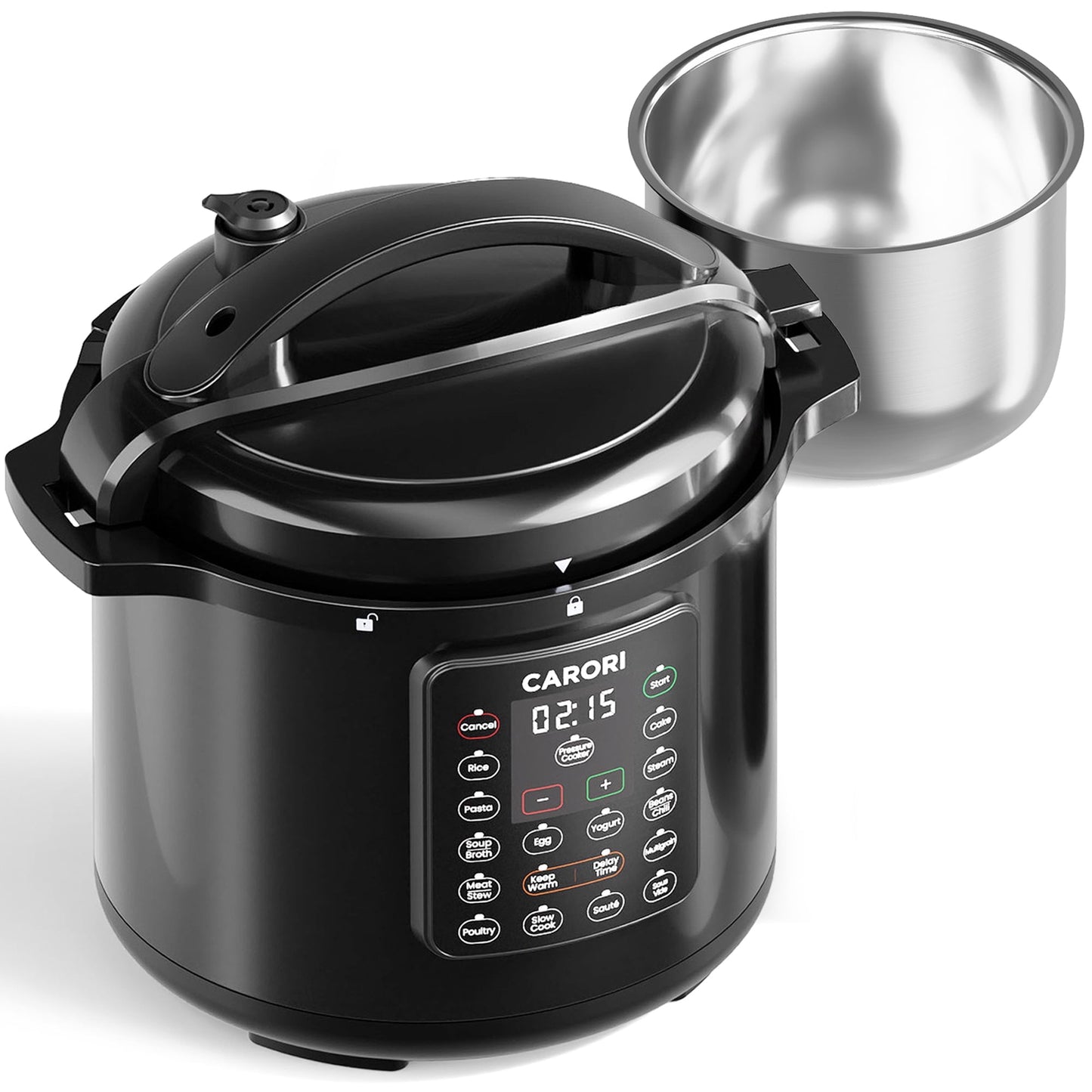 CARORI 1200W 12-in-1 Electric Pressure Cooker 8Qt Stainless Steel Pressure Cooker, Slow Cook Rice Cooker Steamer Sauté, Yogurt Maker, Warmer & Sterilizer with Recipe, Safer Venting Design, Black