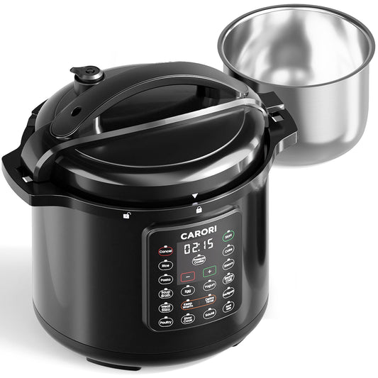CARORI 1200W 12-in-1 Electric Pressure Cooker 8Qt Stainless Steel Pressure Cooker, Slow Cook Rice Cooker Steamer Sauté, Yogurt Maker, Warmer & Sterilizer with Recipe, Safer Venting Design, Black