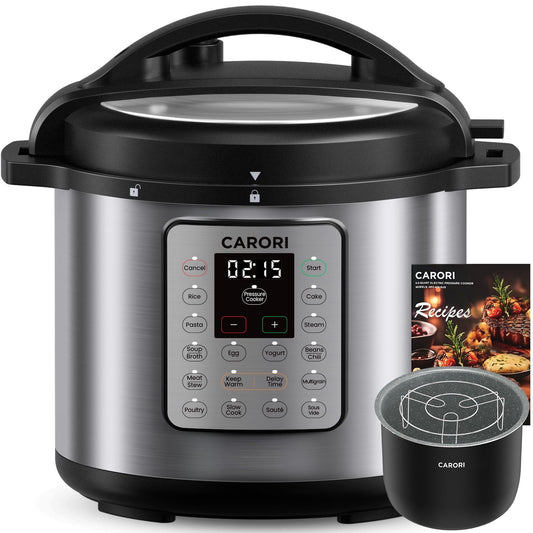 CARORI 1200W 12-in-1 Electric Pressure Cooker 8Qt, Stainless Steel Pressure Cooker, Slow Cook Rice Cooker Steamer Sauté, Yogurt Maker, Warmer & Sterilizer with Recipe, Safer Venting Design, Silver