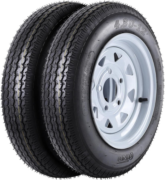 COZONY 2 Pack Trailer Tire on Rims, 6PR，4.80-12，12" Rims 5 Lug White Spoke Wheel, Load Range C,Rubber