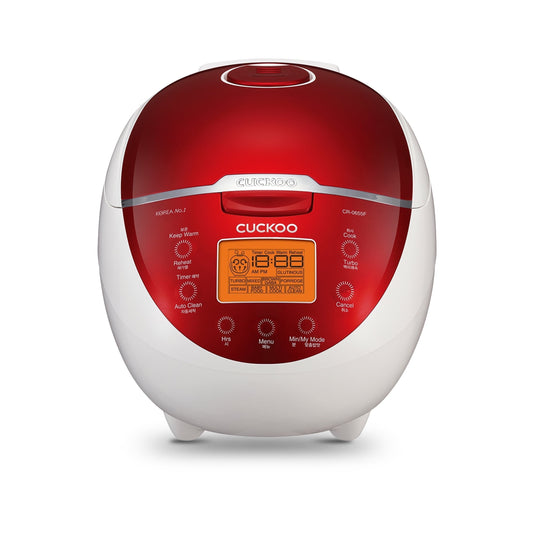 CUCKOO Rice Cooker 12 Cups Cooked Warmer with Nonstick Pot 12 Menu Options and Micom Fuzzy Logic Tech with Auto Clean Feature in White/Red (CR-0655F)