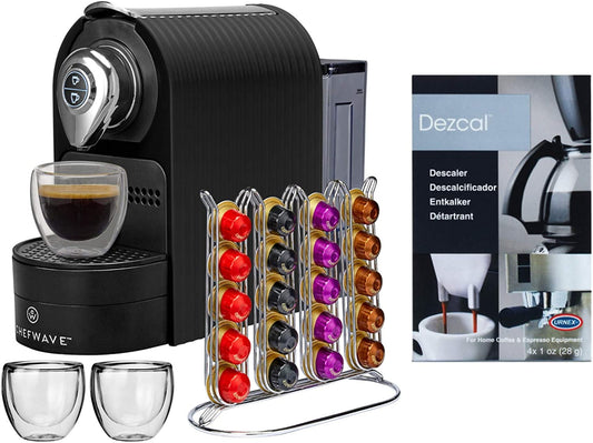 ChefWave Espresso Machine Compatible with Nespresso Coffee Capsules (Black), Pod Holder, Cups and Descaling Powder Bundle (2 Items)