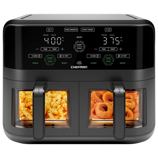 Chefman Dual Basket Digital Air Fryer w/ Easy View Windows, 2 Independent 3 Qt Baskets - Black
