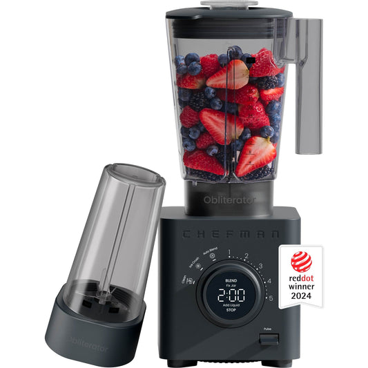Chefman Obliterator 48oz Countertop Blender w/ 20oz Travel Jar and Tamper/Scraper Tool – Midnight