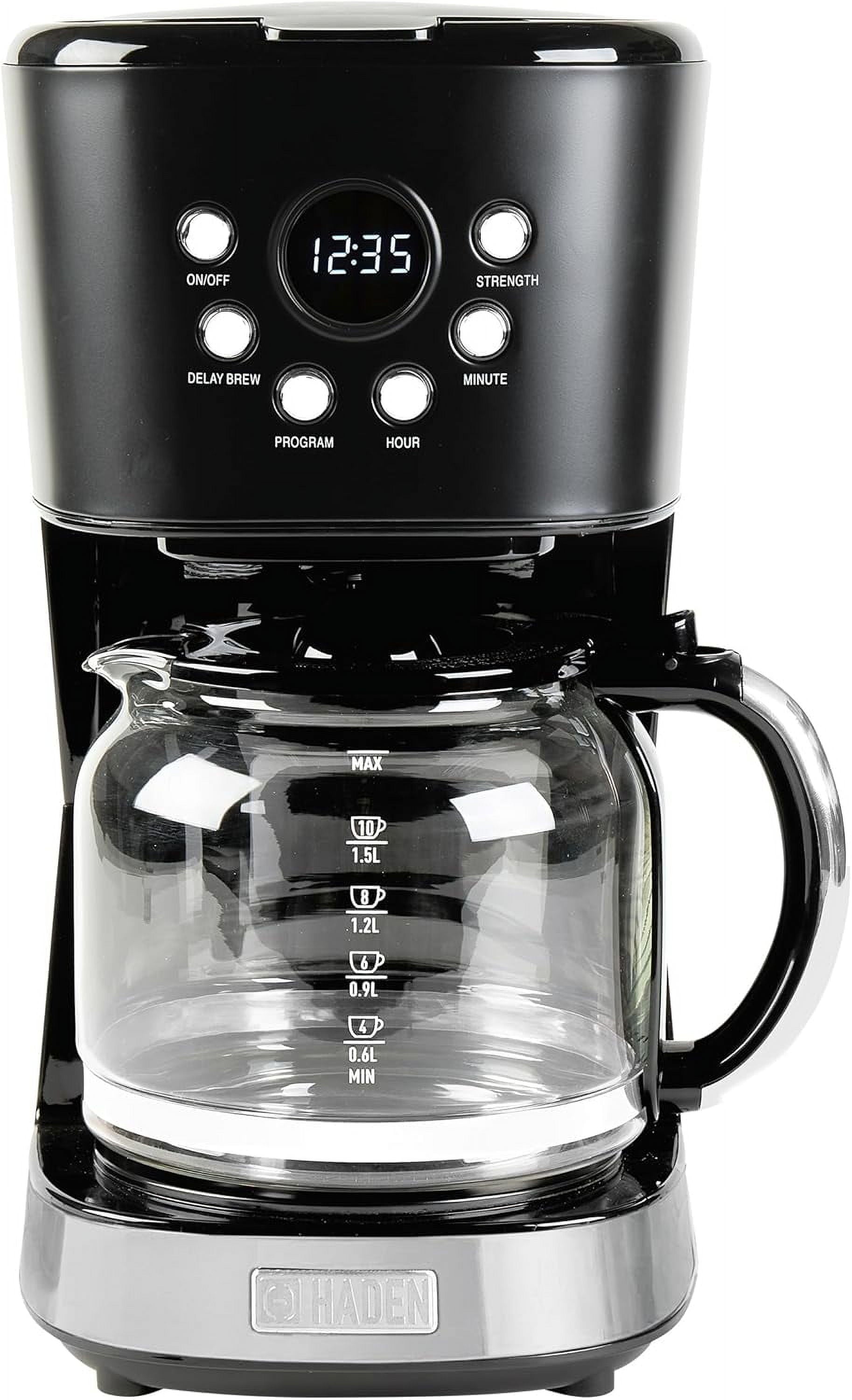 Coffee Machine, 12 Cup Programmable Drip Coffee Maker with Auto Shut-Off Function and Reusable Washable Water Filter, Black & Chrome