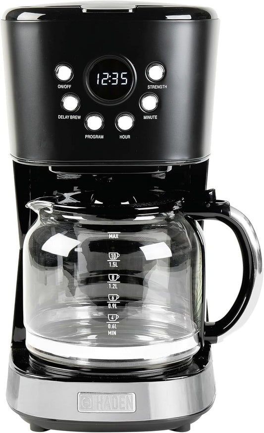 Coffee Machine, 12 Cup Programmable Drip Coffee Maker with Auto Shut-Off Function and Reusable Washable Water Filter, Black & Chrome