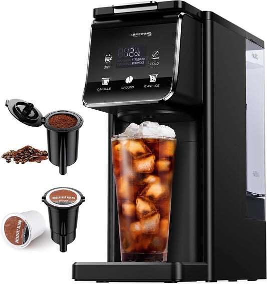 Coffee Maker Hot & Iced With Bold Setting,Single Serve Coffee Maker For K Cup And Grounds，52 Oz Removable Water Tank,6-14 Oz Brew Sizes,One Cup Kcup Coffee Machine With Reusable Filter, Black