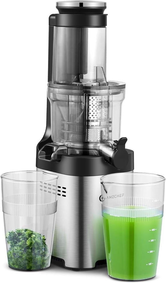 Cold Press Juicer - Juicer Machine with 3.1‘’ Large Feed Chute for Whole Fruits and Vegetables - Durable Stainless Steel Masticating Juicer, Large Auger, Double Strainers (Stainless Steel)