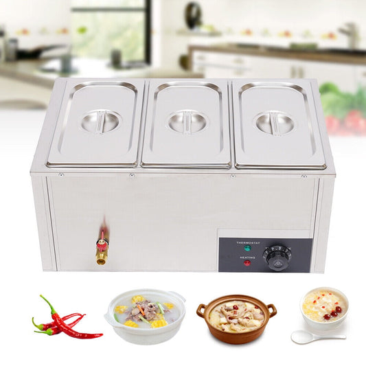 Commercial 3-Pan Bain Marie Buffet Steamer Countertop Food Warmer Steam Table Electric Food Warmer Buffet Steam Table Stainless Steel 3 Pan Food Warmer 3Pan Buffet Steam Table Bain-Marie Restaurant