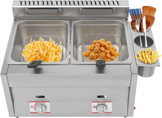 Commercial Double Deep Fryer with Basket, Stainless Steel, Gas Powered, Countertop, Lid, 2x6.34 qt Tank, Adjustable Firepower for Restaurant