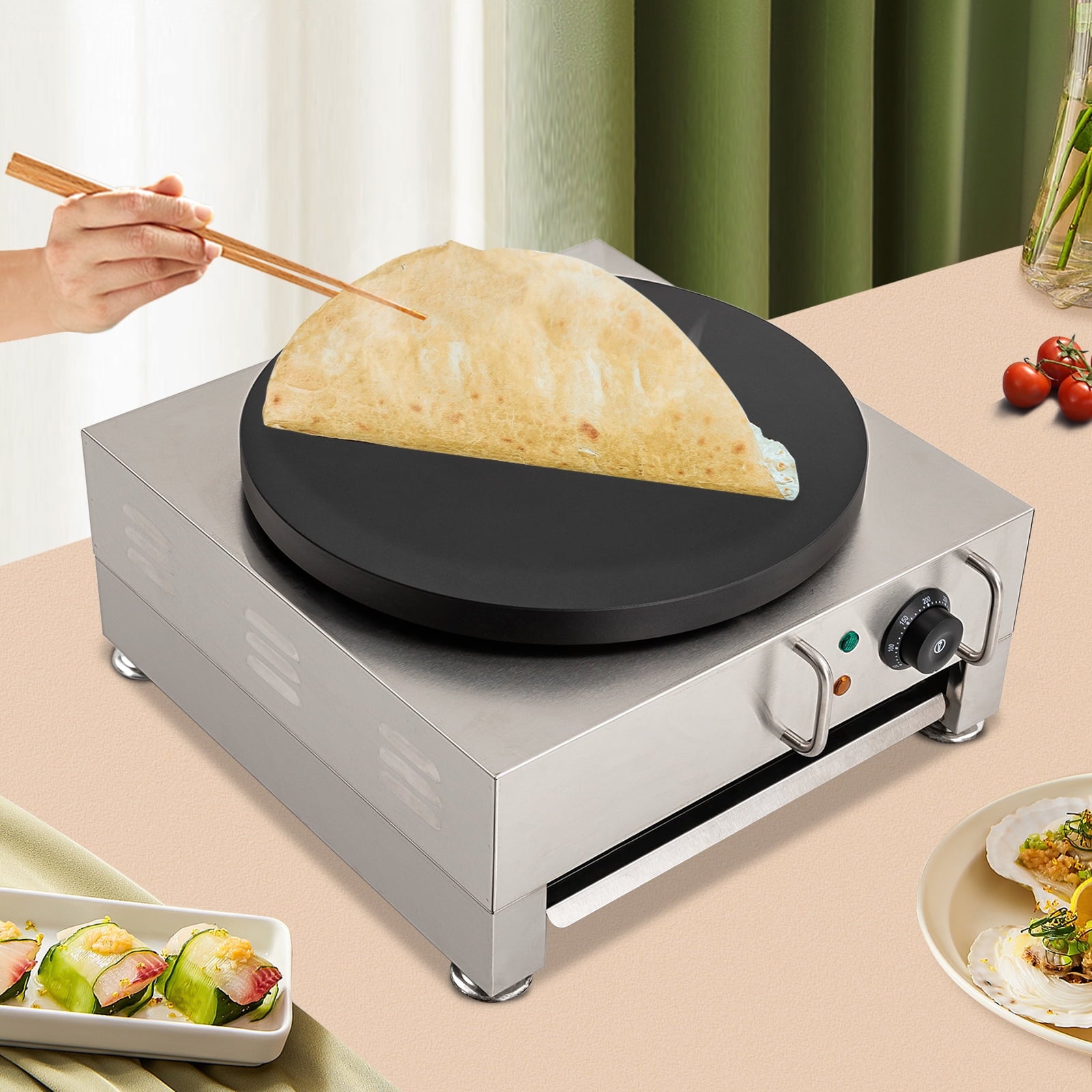 Commercial Electric Crepe & Pancake Maker – 15.75” Non-Stick Cast Iron Griddle, Adjustable Temp (122-572°F), 2.2KW for Restaurants, Food Trucks, Home Use