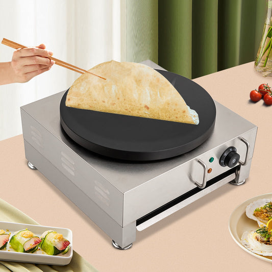 Commercial Electric Crepe & Pancake Maker – 15.75” Non-Stick Cast Iron Griddle, Adjustable Temp (122-572°F), 2.2KW for Restaurants, Food Trucks, Home Use