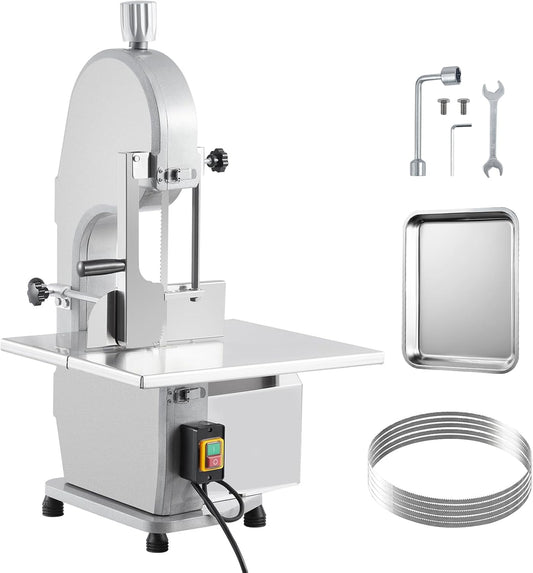 Commercial Electric Meat Cutting Bandsaw,Stainless Steel Countertop Bone Sawing Machine Butcher,Band Saw Frozen Meat Cutter Machine,Adjustable Thickness,5 Blades,for Bone Cutting