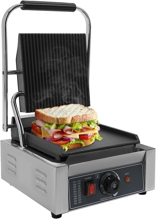 Commercial Sandwich Panini Press Grill, 1800W Electric Panini Maker with Drip Tray, Non-Stick Griddle Machine, for Paninis, Hamburgers, Steaks Bacons