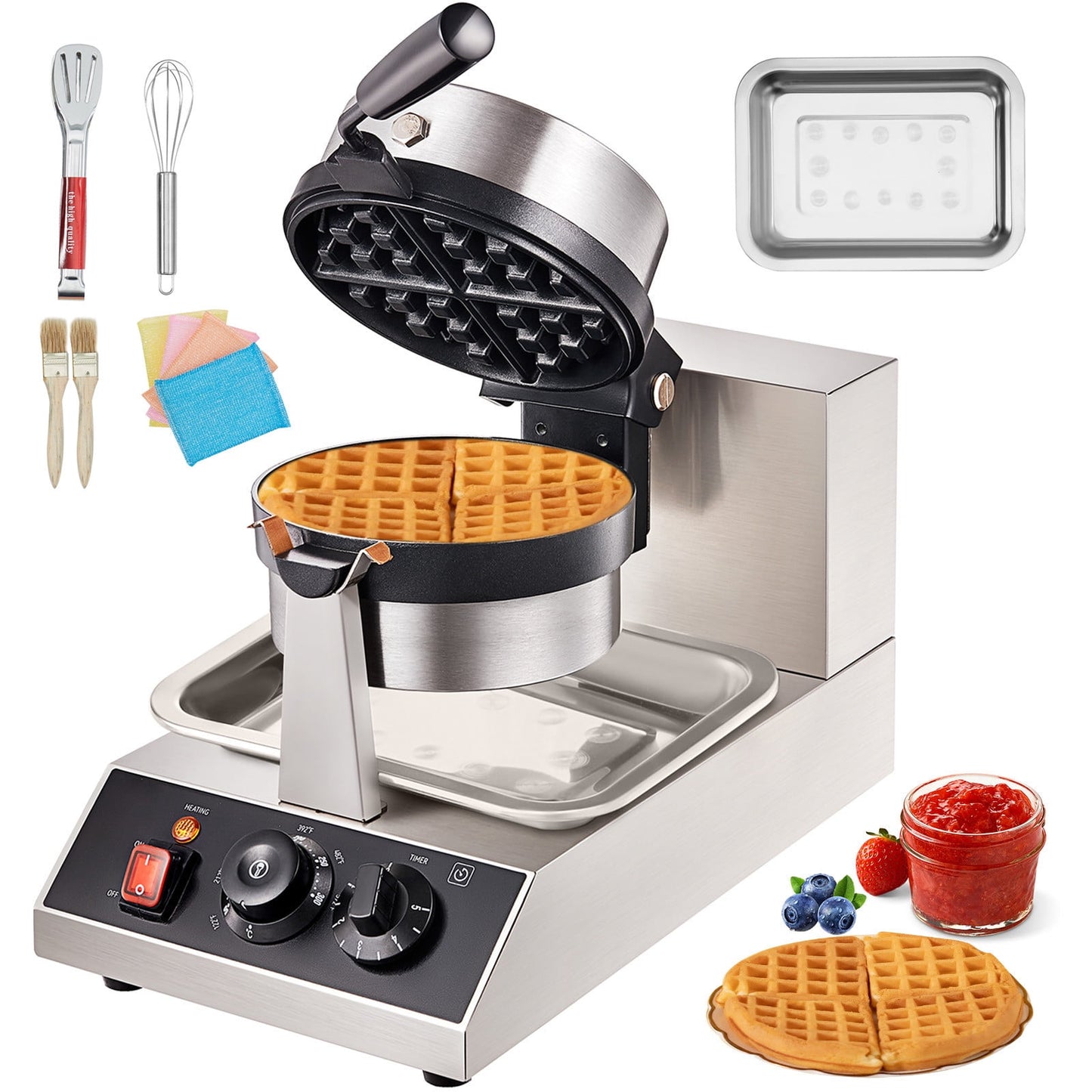 Commerical Round Waffle Maker 1300W Rotatable Non-Stick Waffle Iron 120V