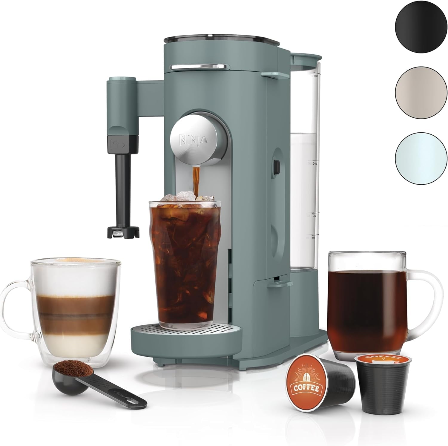 Compact Single-Serve Coffee Maker with Built-In Milk Frother, Compatible with K-Cup Pods, Brews 6oz to 24oz Cups, Iced Coffee Setting, 1550W, Sage Green