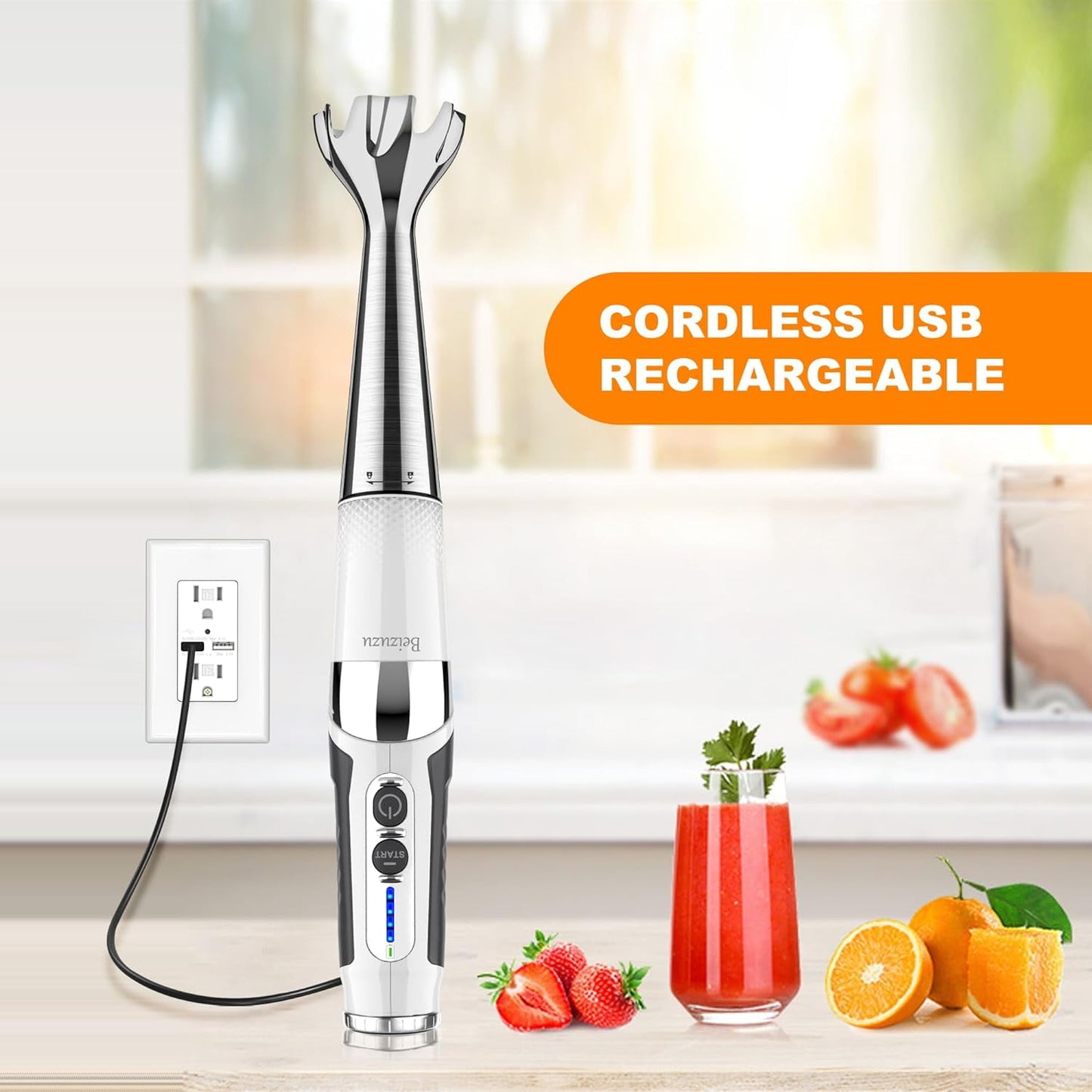 Cordless Immersion Blender 4-in-1 Rechargeable Hand Blender with 21-Speed & 3-Angle Adjustable, Chopper, Beaker, Whisk for Smoothies, Soup,  Food