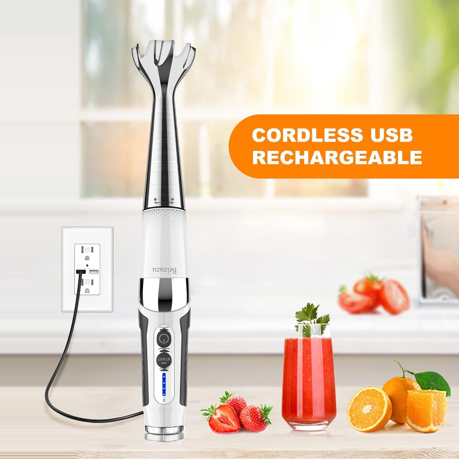 Cordless Immersion Blender 4-in-1 Rechargeable Hand Blender with 21-Speed & 3-Angle Adjustable, Chopper, Beaker, Whisk for Smoothies, Soup,  Food