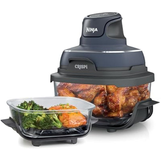 Crispi Air Fryer, Microwave, Freezer & Dishwasher Safe, Non Toxic Glass Portable Cooking System, 4 QT & 6 Cup Glass Containers with Storage Lids, Easy Meals, Air Fry, Bake, & More