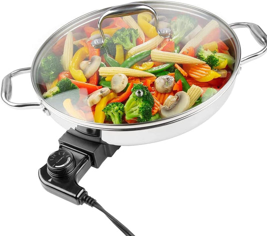 CucinaPro XL Electric 12" Skillet- 18/10 Stainless Steel Frying Pan with Tempered Glass Lid and Handle, Round with Adjustable Temperature Control Probe, Includes Recipe Guide- Great Gift for Cooks
