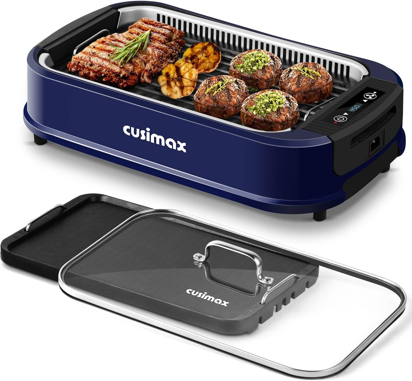 Cusimax Smokeless Indoor Electric Griddle Grill,1500W Portable Korean BBQ Grill with LED Smart Display & Tempered Glass Lid, Non-stick Removable Grill & Griddle Plate, Blue