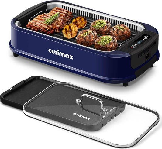 Cusimax Smokeless Indoor Electric Griddle Grill,1500W Portable Korean BBQ Grill with LED Smart Display & Tempered Glass Lid, Non-stick Removable Grill & Griddle Plate, Blue
