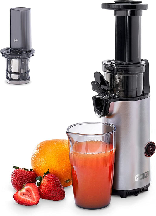 Dash DCSJ255 Deluxe Compact Power Slow Masticating Extractor Easy to Clean, Cold Press Juicer with Brush, Pulp Measuring Cup, Frozen Attachment and Juice Recipe Guide, Graphite