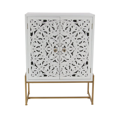 DecMode 30" x 42" White Wood Intricately Carved 1 Shelf and 2 Doors Floral Cabinet, 1-Piece