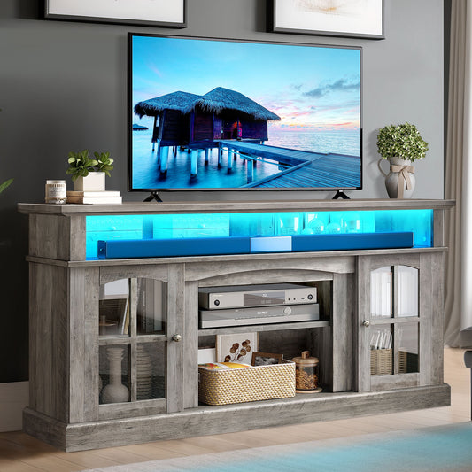 Dextrus Farmhouse LED TV Stand w/Outlets for TVs up to 70'', Wood TV Media Console for Living Room, Rustic Gray