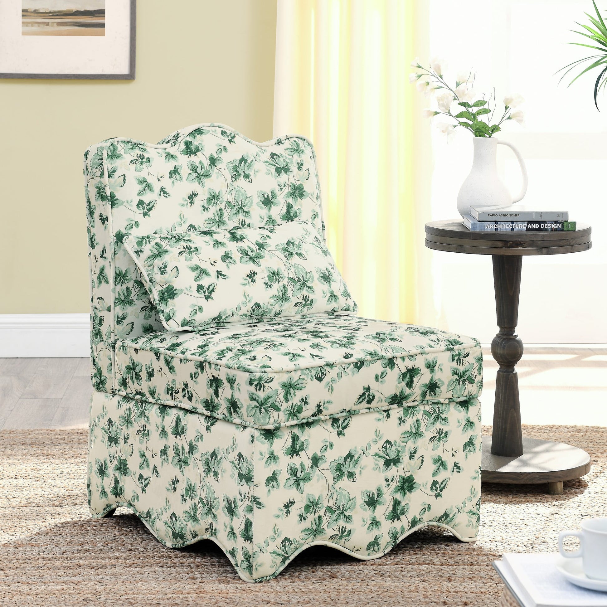 Dining Chair,Mid-Century Accent Chair,Flannel Chair with Soft Seat Cushion and Pillow,Armless Chair for Dining Room Living Room,Green
