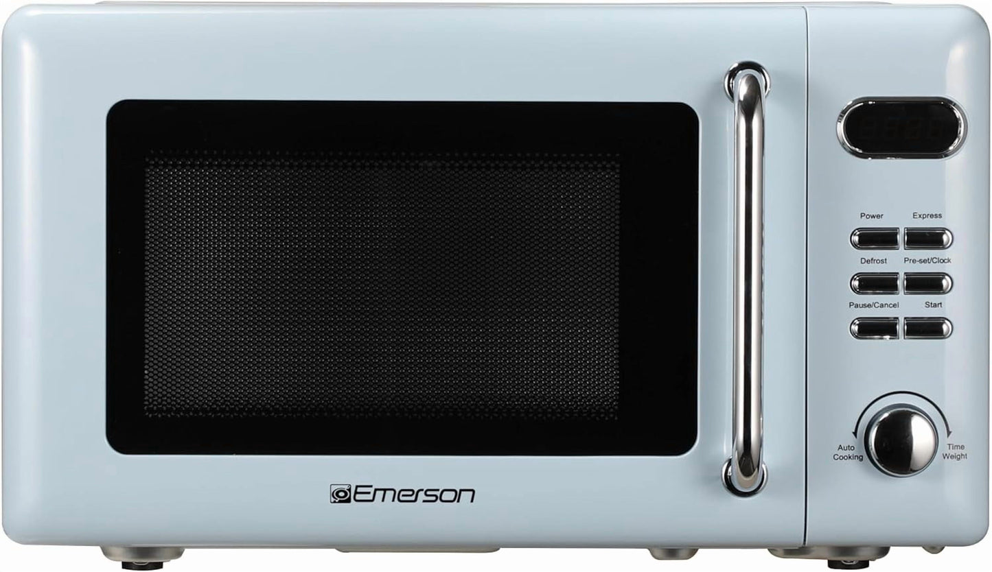 Emerson MWR7020BL Retro Compact Microwave Oven with Button Control, LED Display, 700W, 5 Power Levels, 8 Auto Menus, Glass Turntable, Child Safe Lock, 0.7, Thunderbird Blue