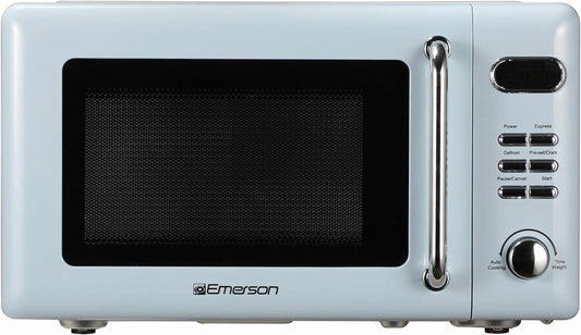 Emerson MWR7020BL Retro Compact Microwave Oven with Button Control, LED Display, 700W, 5 Power Levels, 8 Auto Menus, Glass Turntable, Child Safe Lock, 0.7, Thunderbird Blue