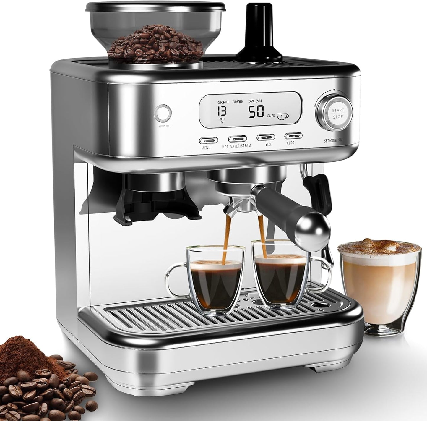 Espresso Machine 15 Bar, LCD Display Espresso Maker with Grinder, Milk Frother and PID Temperature Control, Professional Coffee Maker for Latte Cappuccino - 8.8 Oz Bean Hopper