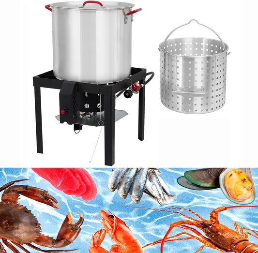 FOLDLIFE 80 Qt Seafood Boil Pot, Aluminum Crawfish Boiler with Steam/Boil Basket & Strainer, 0-10 PSI Regulator