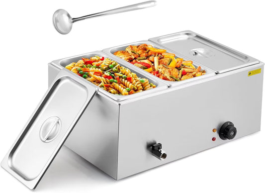 Garvee 21 QT Electric Commercial Food Warmer, 3-Pan Buffet Food Warmer Stainless Steel Electric Countertop Steamer with Temper Control Drainage Faucet for Parties Buffet Catering