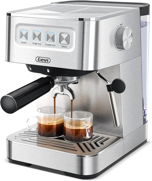 Gevi Espresso Machine 20 Bar, Coffee Machine with Milk Frother, Stainless Steel Espresso Maker for Cappuccino, Latte, Silver