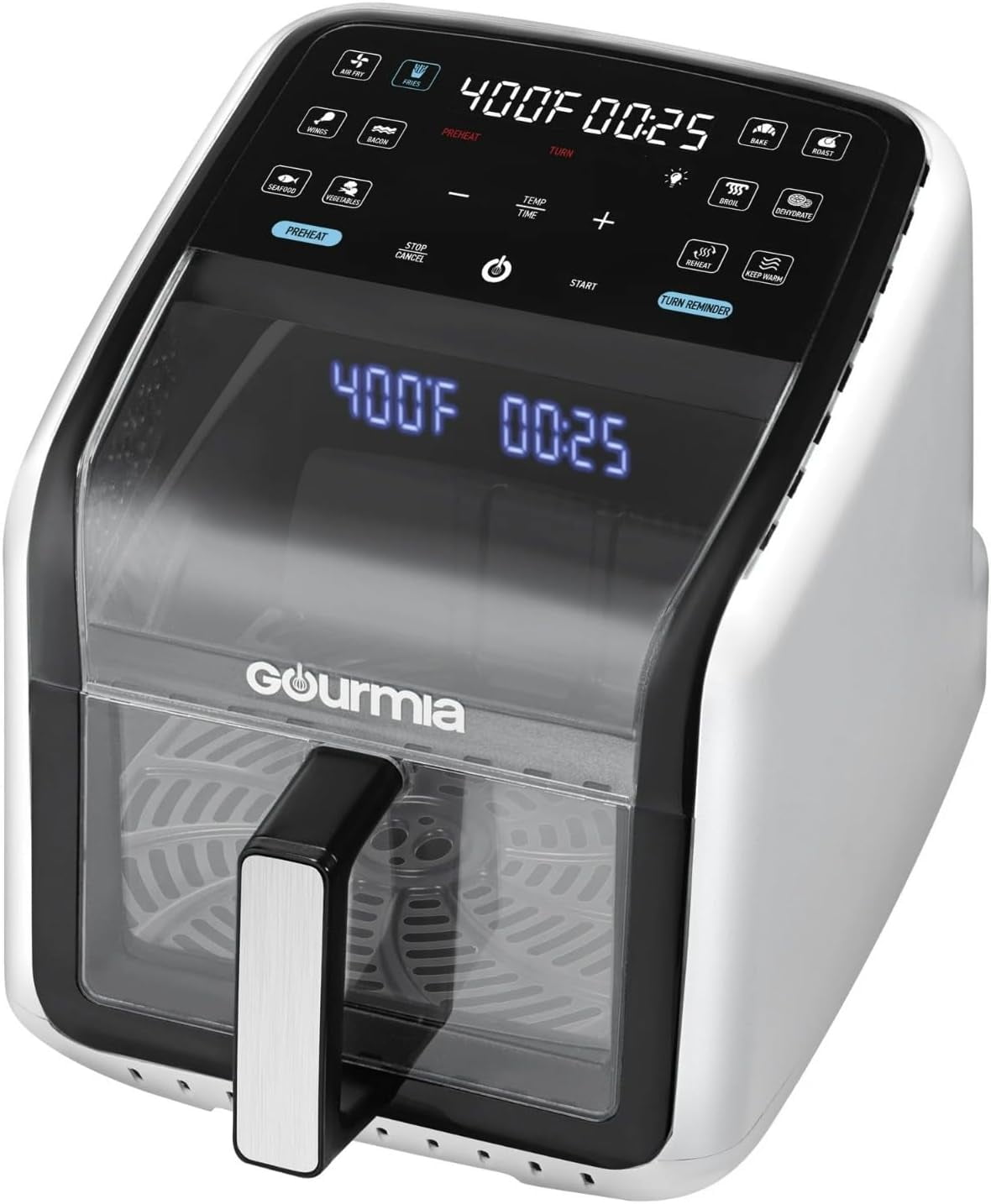 Gourmias Panorama 7-Quart Digital Air Fryer with Panoramic Viewing Window, Holographic Display, 12 Cooking Presets, FryForce 360° Technology, Dishwasher-Safe Nonstick Basket, 1500 Watts, White