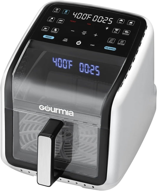 Gourmias Panorama 7-Quart Digital Air Fryer with Panoramic Viewing Window, Holographic Display, 12 Cooking Presets, FryForce 360° Technology, Dishwasher-Safe Nonstick Basket, 1500 Watts, White