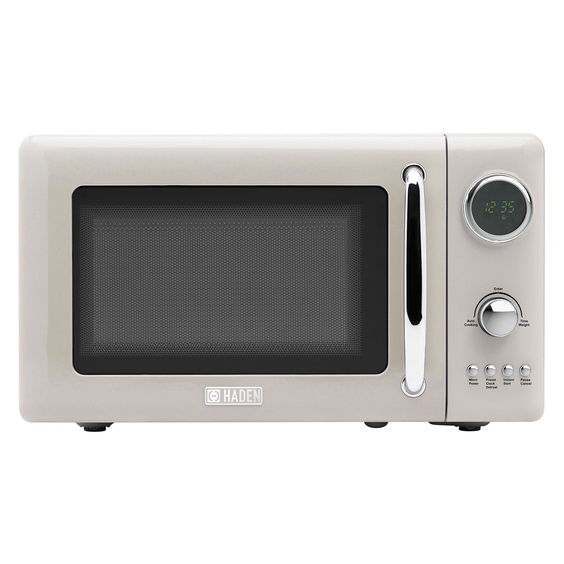 Open Box Haden 700 Watt Microwave Oven w/Digital Controls, Putty/Chrome