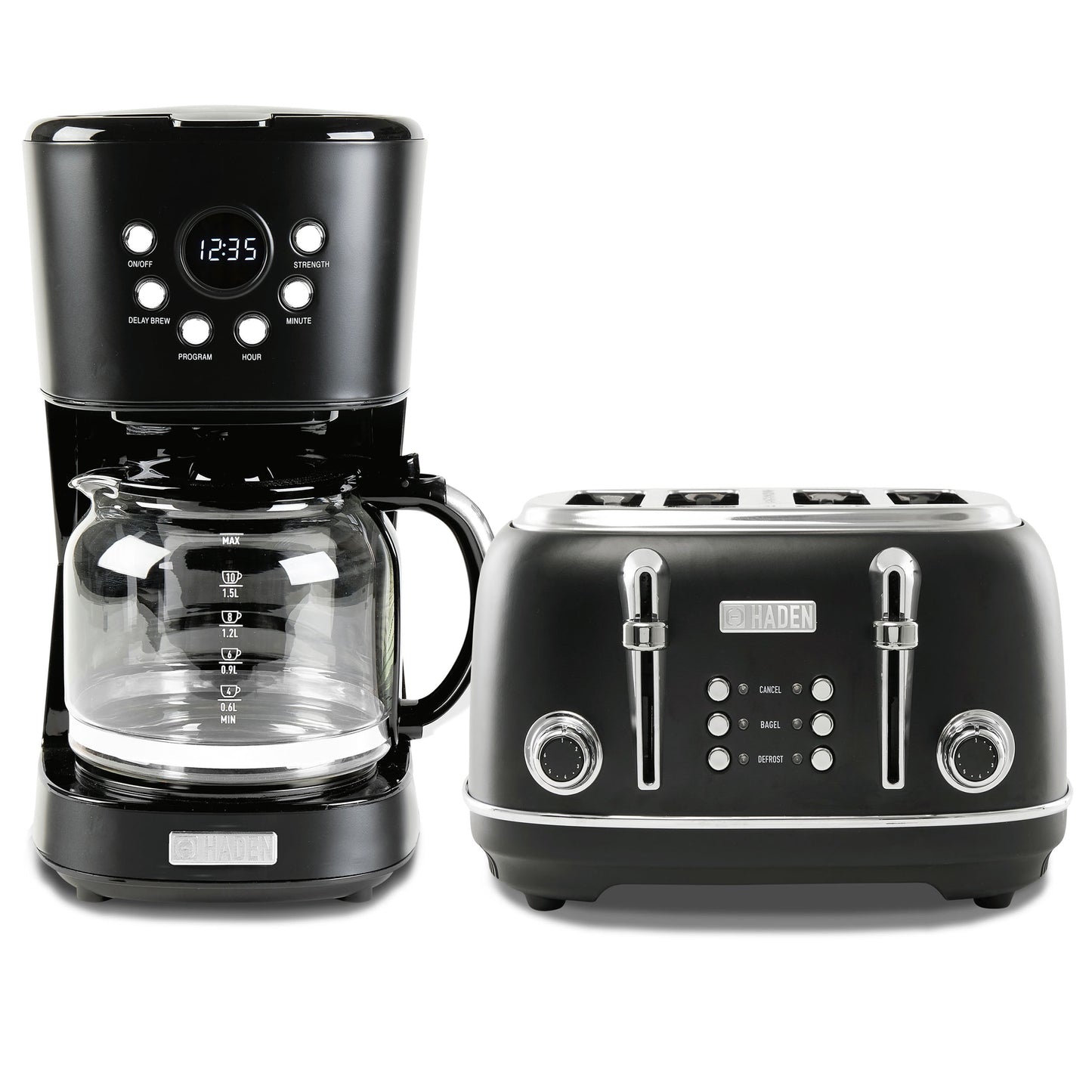 Haden Heritage 4 Slice Wide Slot Toaster & Coffee Maker, Black & Chrome