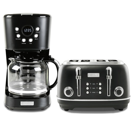 Haden Heritage 4 Slice Wide Slot Toaster & Coffee Maker, Black & Chrome