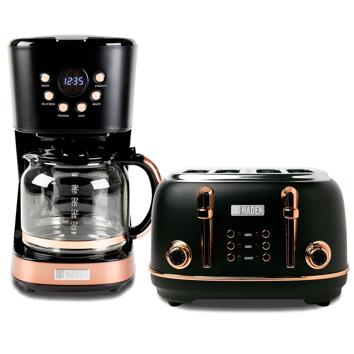 Haden Heritage 4 Slice Wide Slot Toaster & Coffee Maker, Black & Copper