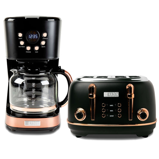 Haden Heritage 4 Slice Wide Slot Toaster & Coffee Maker, Black & Copper