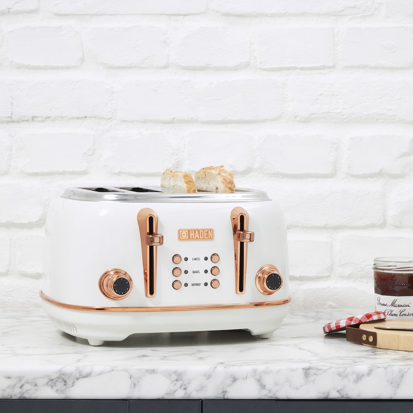 Open Box Haden Heritage 4 Slice Wide Slot Toaster w/Crumb Tray, Ivory/Copper