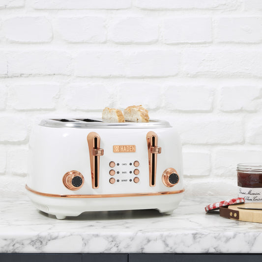 Open Box Haden Heritage 4 Slice Wide Slot Toaster w/Crumb Tray, Ivory/Copper