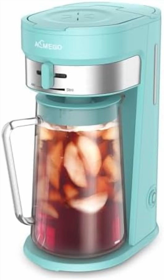 Iced Tea Maker, Brewing System with 2.5-quart Glass Pitcher, sliding strength selector, Stainless Steel Decoration, Reusable Filter (Green)