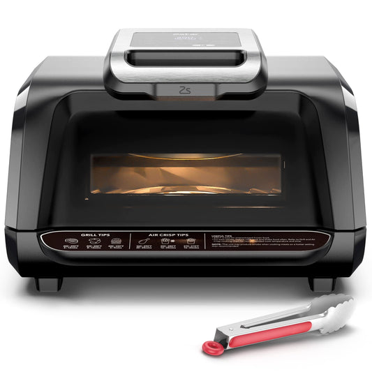 Indoor Grill Air Fryer Combo with See-Through Window, 7-in-1 Smokeless Electric Air Grill up to 450F, 1750W Contact Grill with Non-Stick Removable Plates, Even Heat, Silicon Tongs as Gift, 4Qt