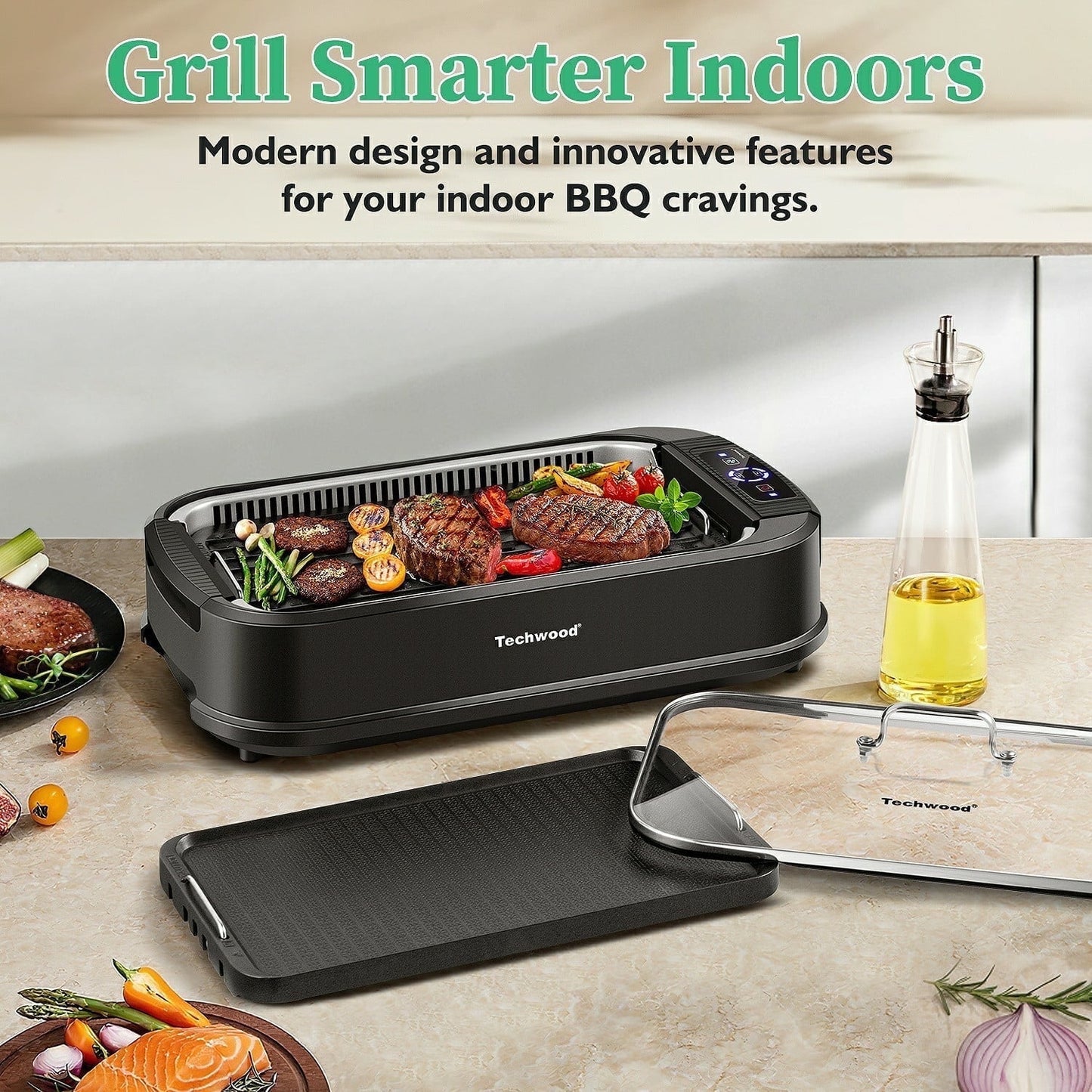 Techwood 1500W Portable Nonstick Grill & Griddle Set with 6-Level Heat Control