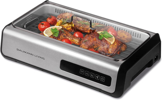 Indoor Smokeless Grill 1500W with Smart LED Touch Screen, Tempered Glass Lid, 2 Removable Ceramic Nonstick Grill & Griddle Plate, in a Modern Stainless Steel Design.